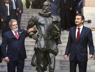 President of Brazil Inazio Lula Da Silva (L) and Spanish Prime Minister Jose Luis Rodriguez Zapatero are pictured next to a sculpture of Don Quijote prior the &quot;Don Quijote de La Mancha International Award&quot; ceremony in Toledo, on October 13, 2008. Spain&#039;s King Juan Carlos awarded Brazilian President Luiz Inacio Lula da Silva and Mexican writer Carlos Fuentes a newly created award for their efforts to promote Spanish language and culture. From Getty Images by AFP/Getty Images.