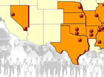 [graphic] Photo montage behind map of the United States, showing location of Civil Rights sites