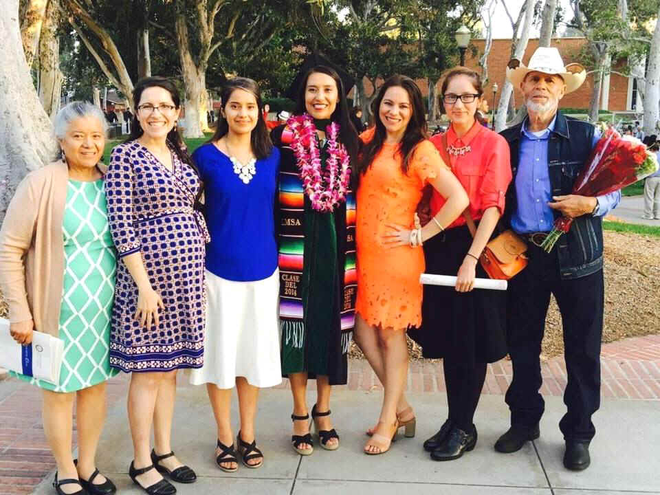 The family at Luz Corona Gomezs June 3 graduation from medical school at UCLA. Parents Rafael and Liduvina stand on each side of their five daughters, from left: Maria Sofia, Guadalupe, Luz, Leticia and Karina.