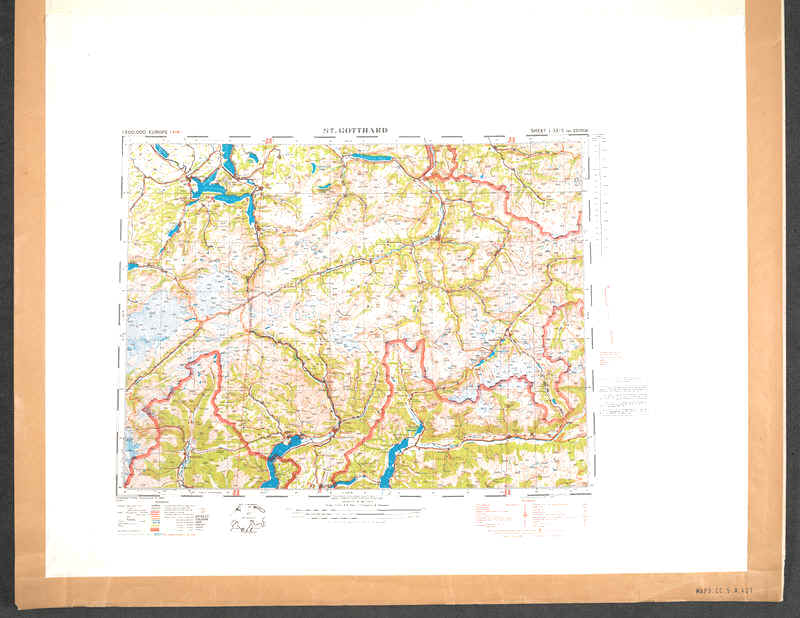 A silk map depicting Switzerland's Gotthard Pass. 