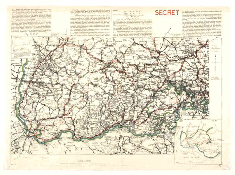 A silk map of the German/Swiss border, featuring detailed escape instructions and clearly designated "SECRET."