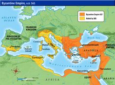 Expansion of Byzantine Empire during the long reign of Justinian.